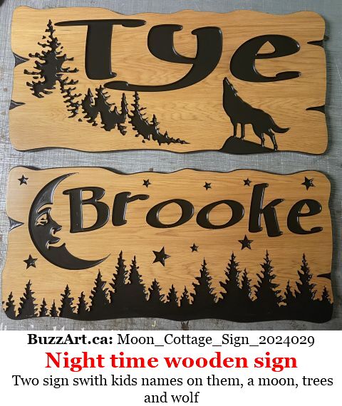 Two sign swith kids names on them, a moon, trees and wolf